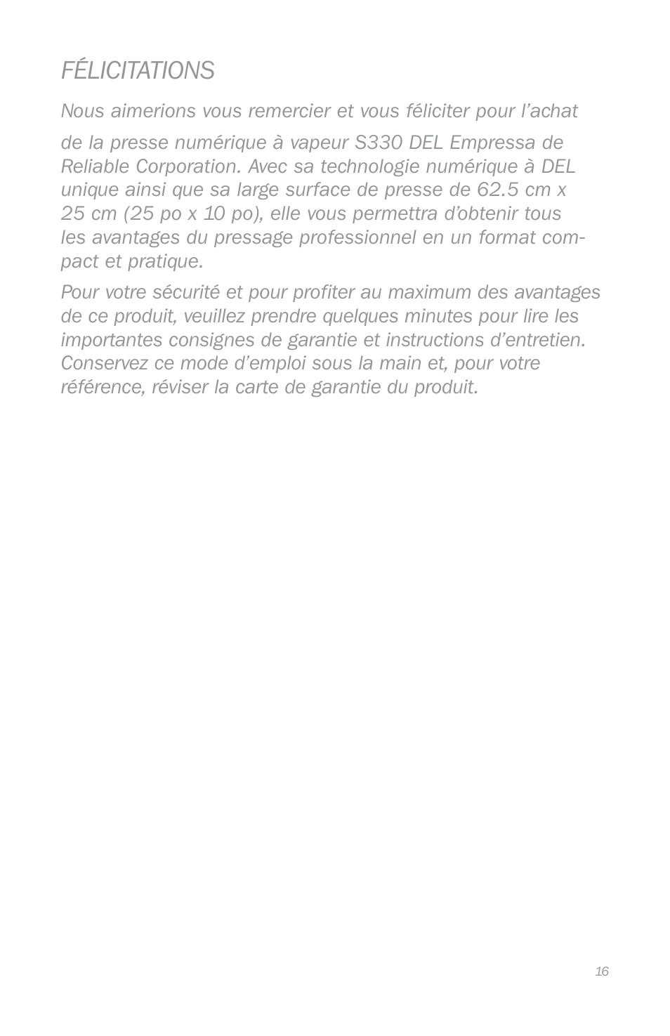 Félicitations | Reliable S330 User Manual | Page 19 / 48
