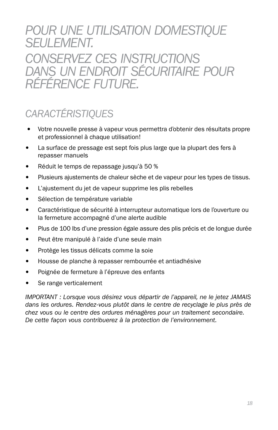 Caractéristiques | Reliable S330 User Manual | Page 21 / 48