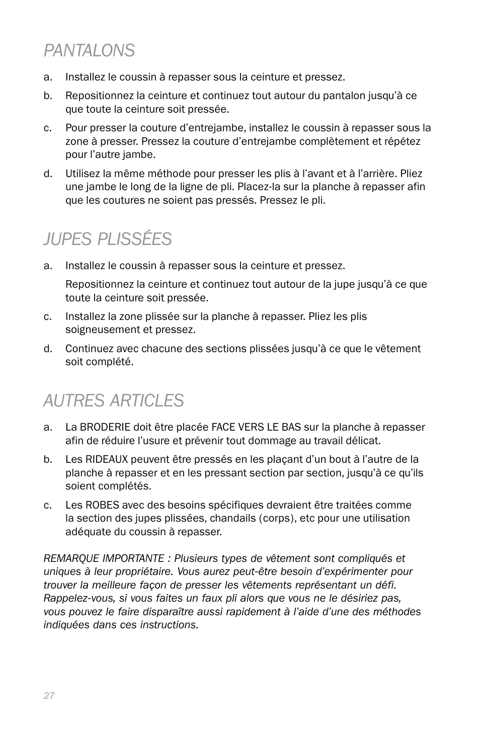 Pantalons, Jupes plissées, Autres articles | Reliable S330 User Manual | Page 30 / 48