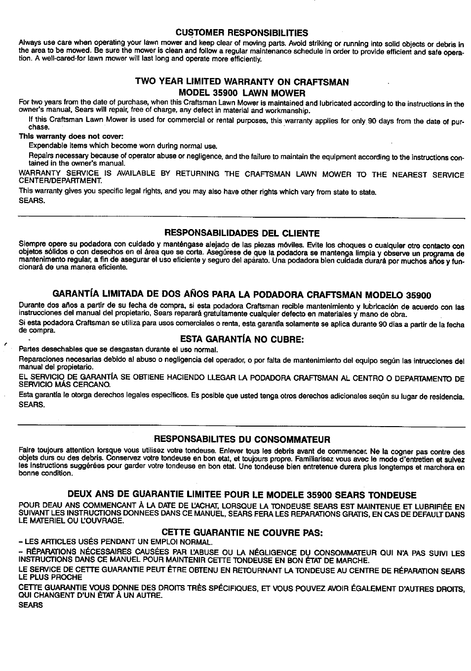 Customer responsibilities, Responsabilidades del cliente, Esta garantía no cubre | Responsabilites du consommateur, Cette guarantie ne couvre pas | Craftsman 35900 User Manual | Page 6 / 7