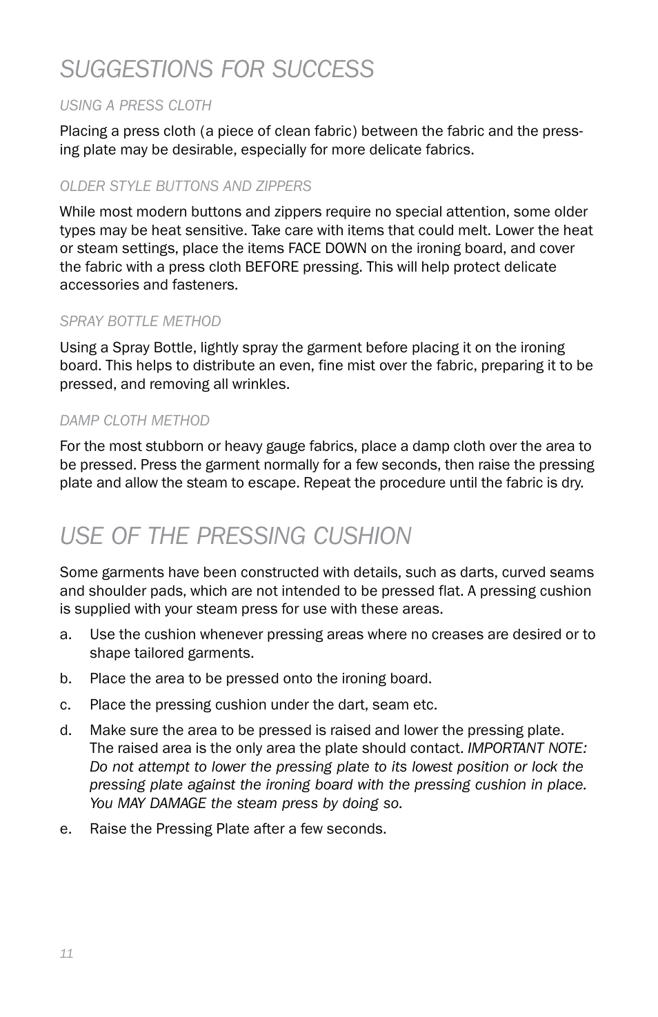 Suggestions for success, Use of the pressing cushion | Reliable S550 User Manual | Page 14 / 52