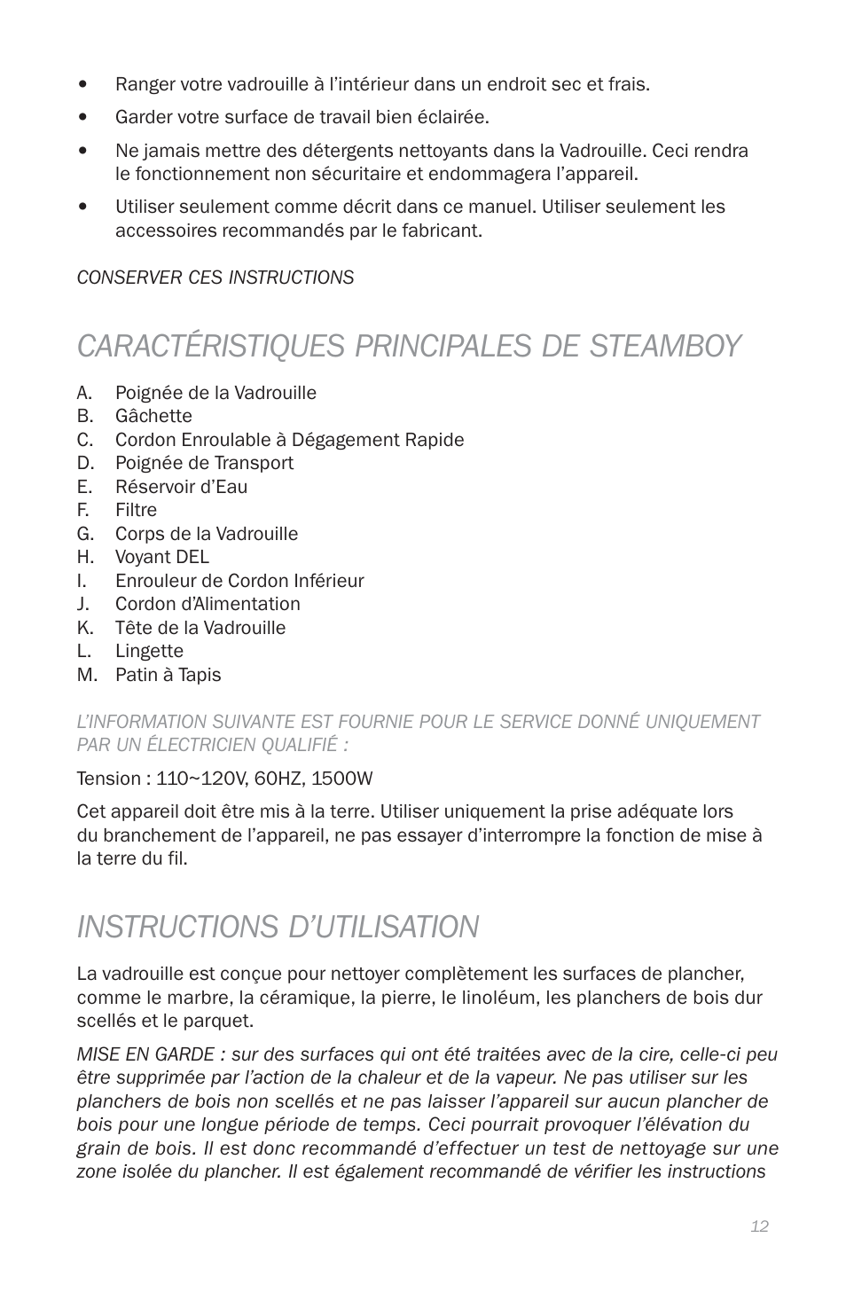 Caractéristiques principales de steamboy, Instructions d’utilisation | Reliable T1 User Manual | Page 14 / 27