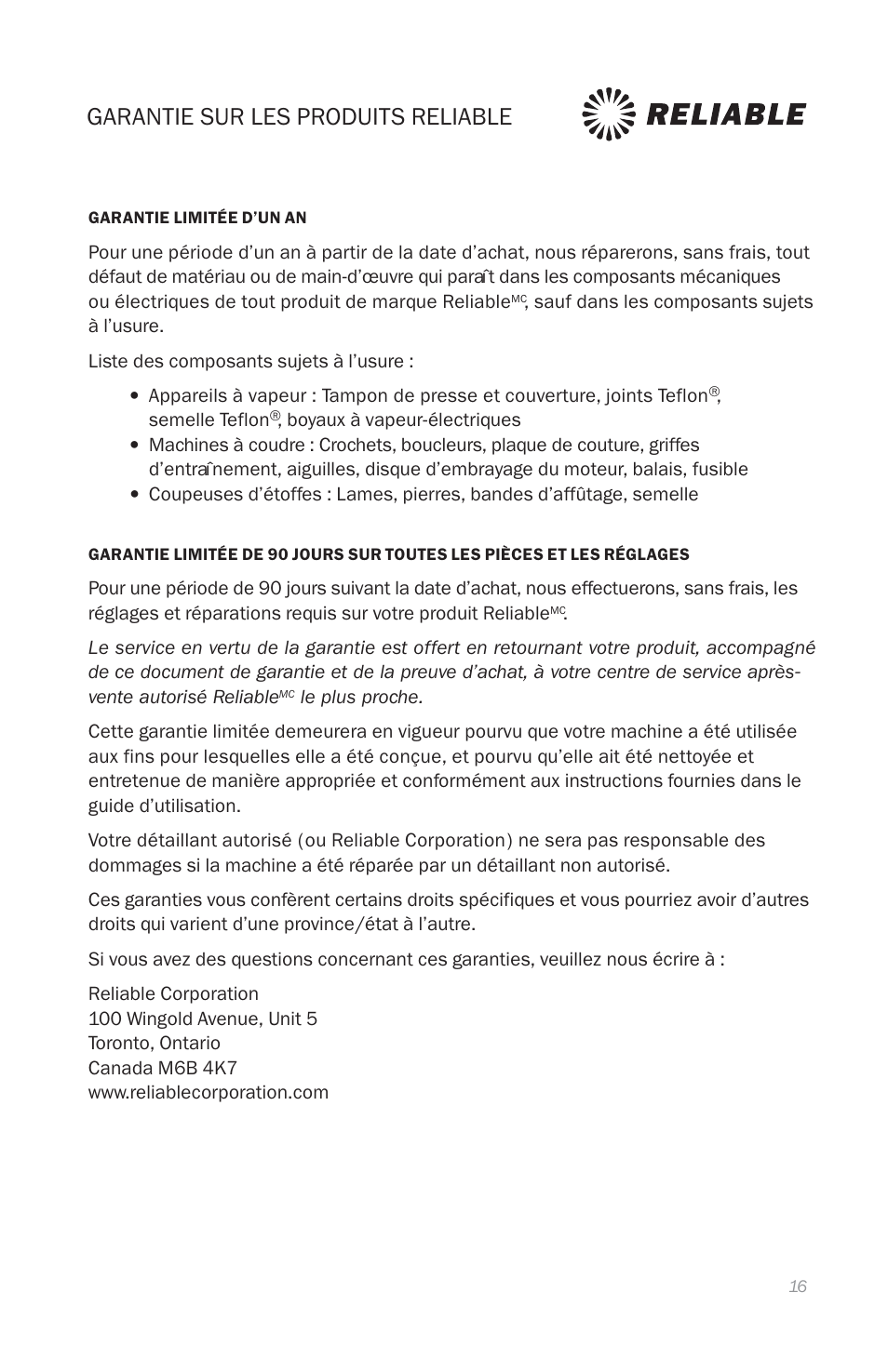 Garantie sur les produits reliable, Reliable products warranty | Reliable T1 User Manual | Page 18 / 27