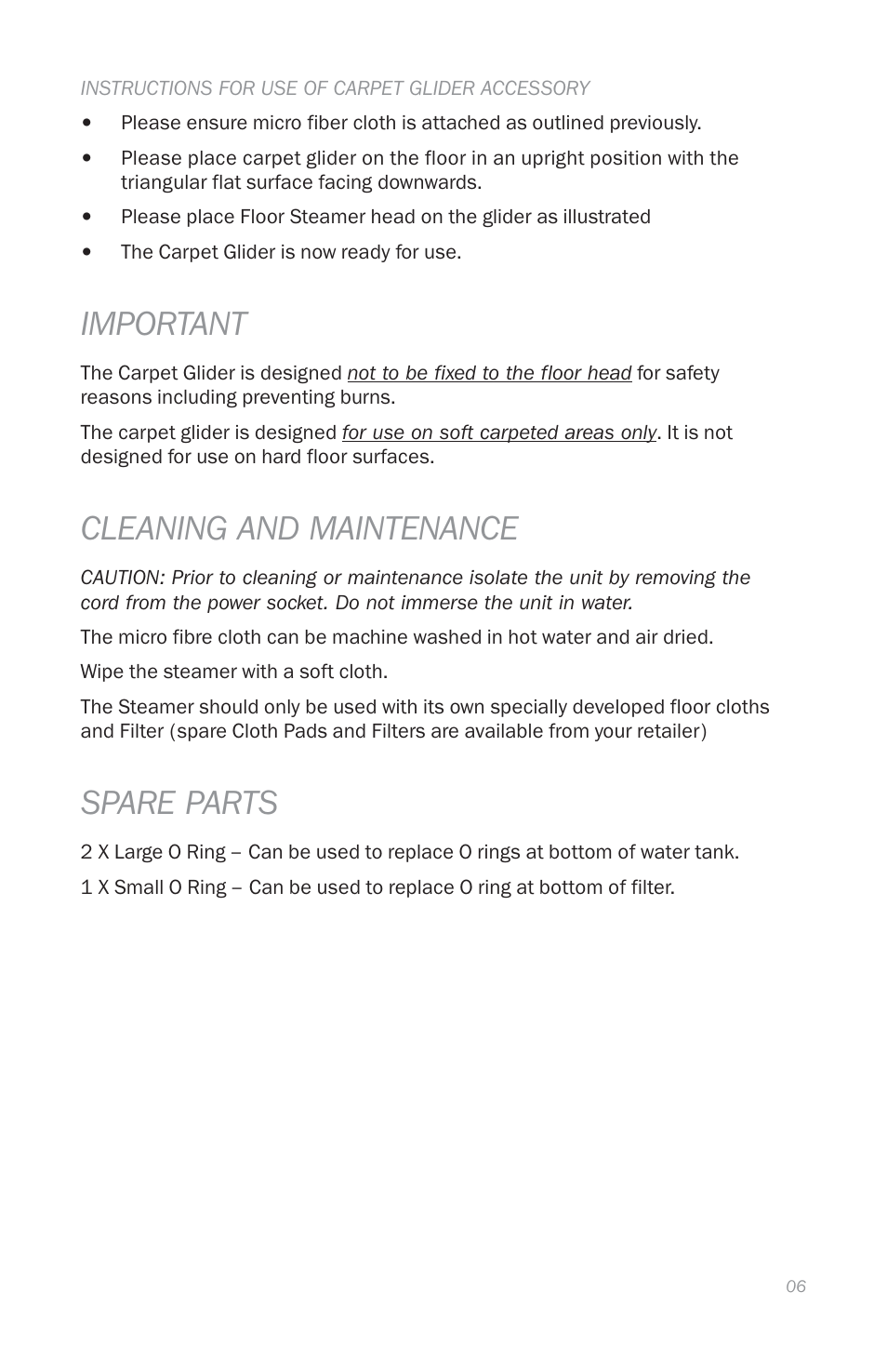 Important, Cleaning and maintenance, Spare parts | Reliable T1 User Manual | Page 8 / 27