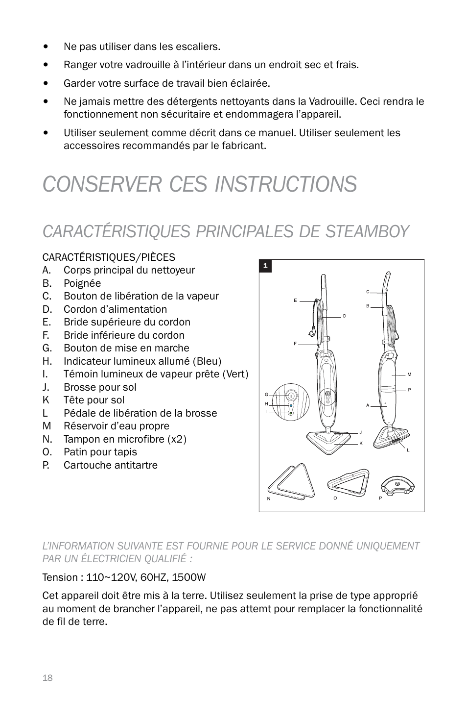 Conserver ces instructions, Caractéristiques principales de steamboy | Reliable T3 User Manual | Page 18 / 40