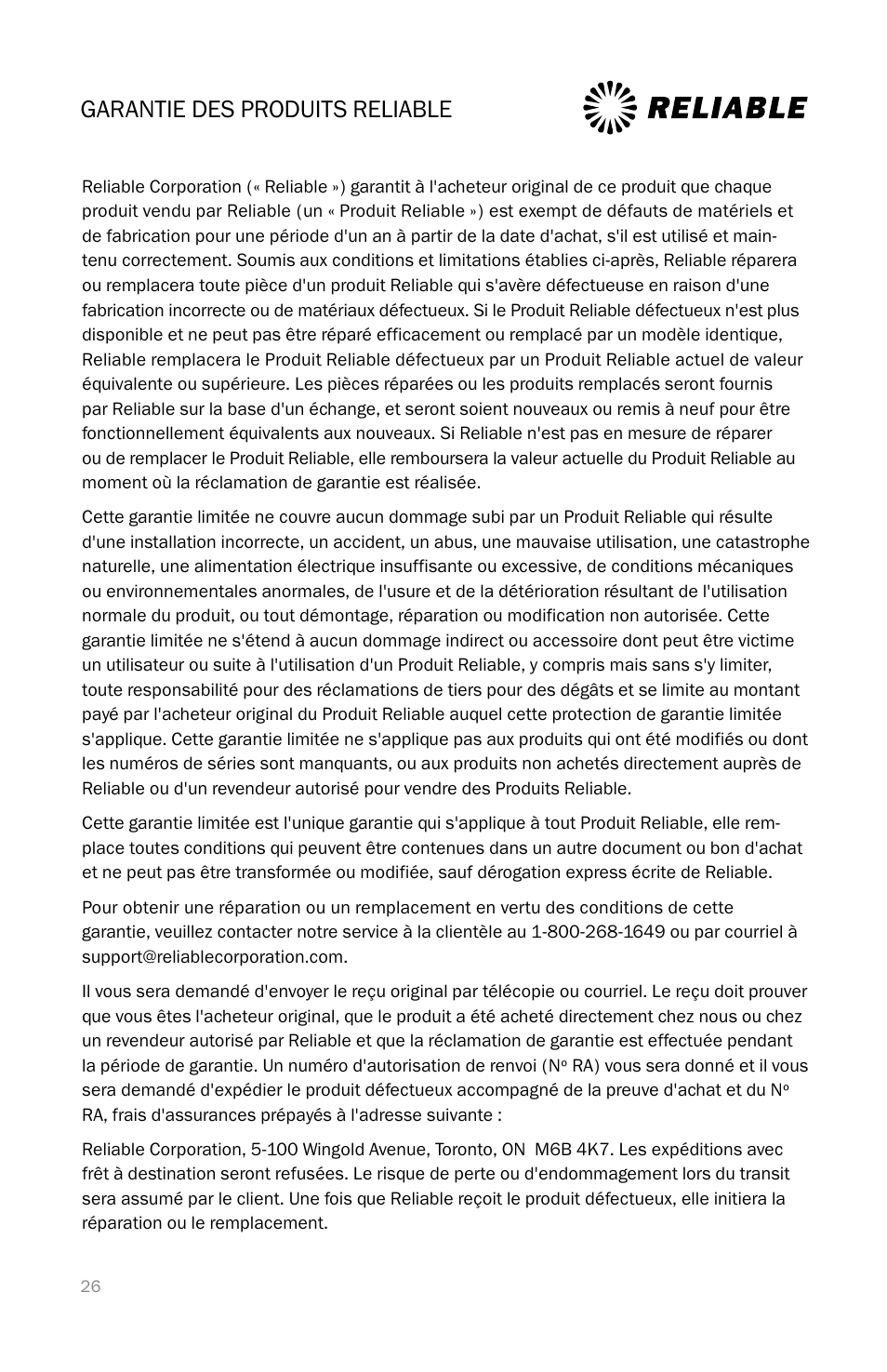 Garantie des produits reliable | Reliable T3 User Manual | Page 26 / 40