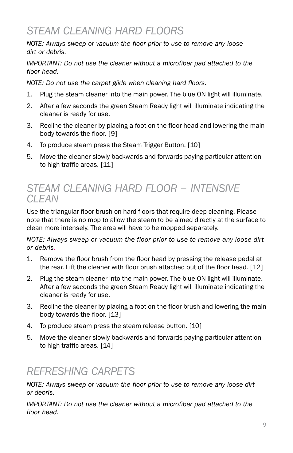Steam cleaning hard floors, Steam cleaning hard floor – intensive clean, Refreshing carpets | Reliable T3 User Manual | Page 9 / 40