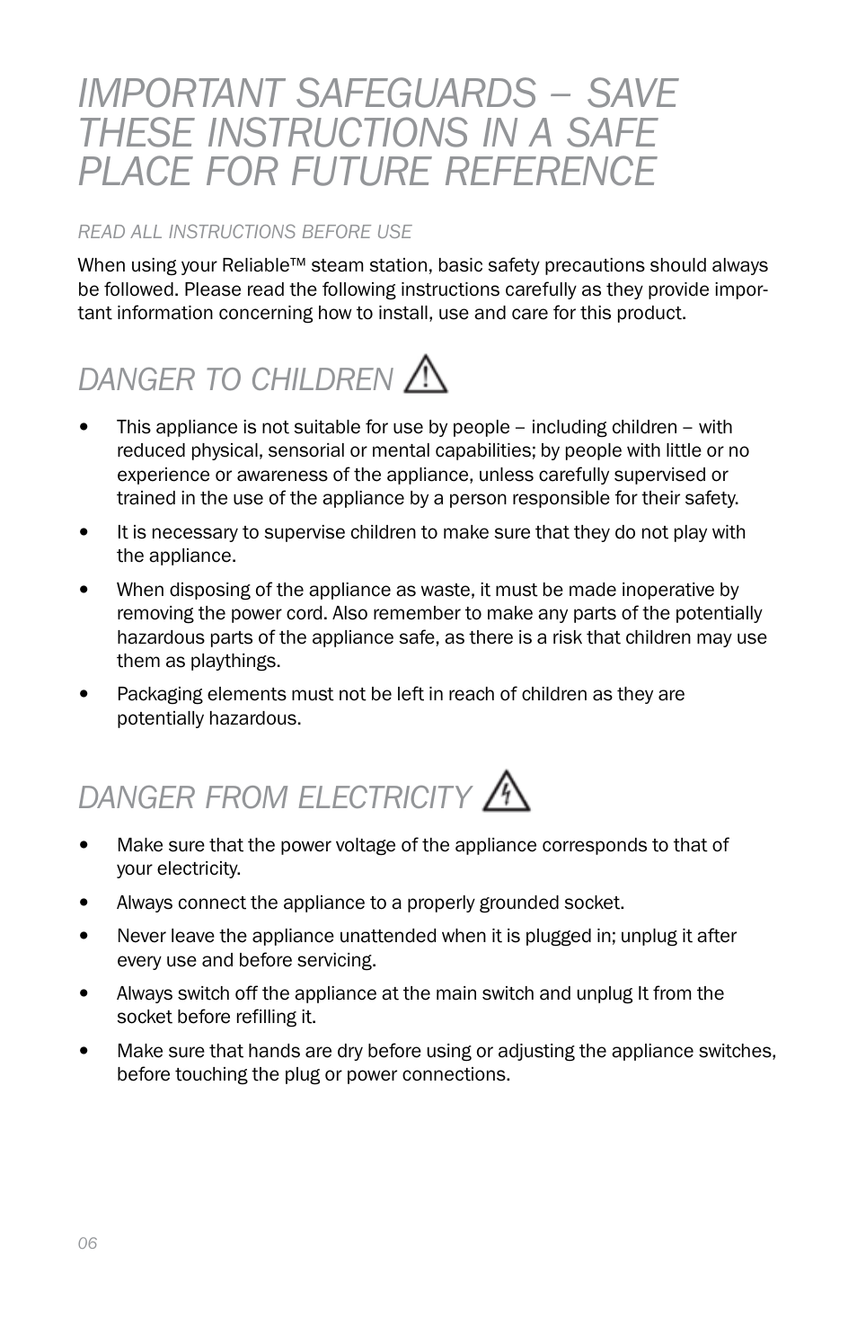 Danger to children, Danger from electricity | Reliable EB250 User Manual | Page 10 / 52