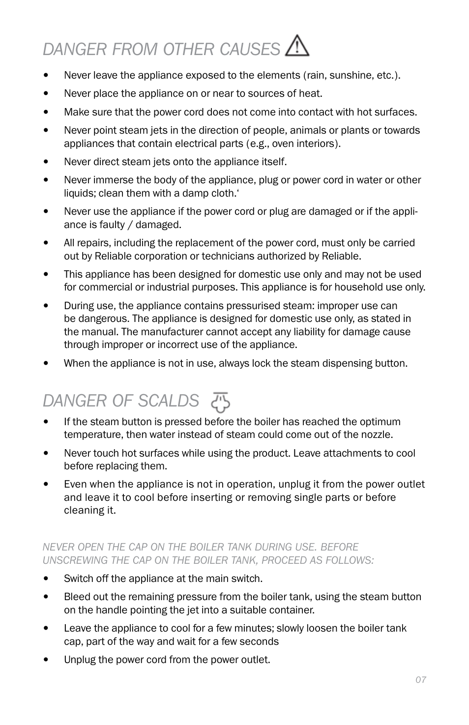 Danger from other causes, Danger of scalds | Reliable EB250 User Manual | Page 11 / 52