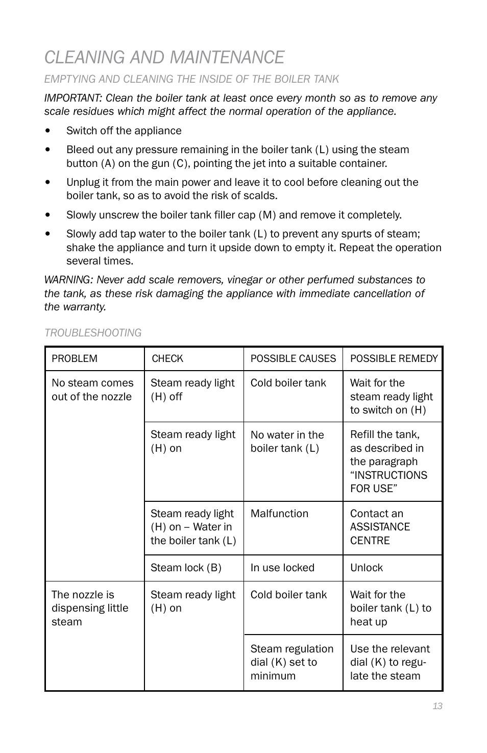 Cleaning and maintenance | Reliable EB250 User Manual | Page 17 / 52