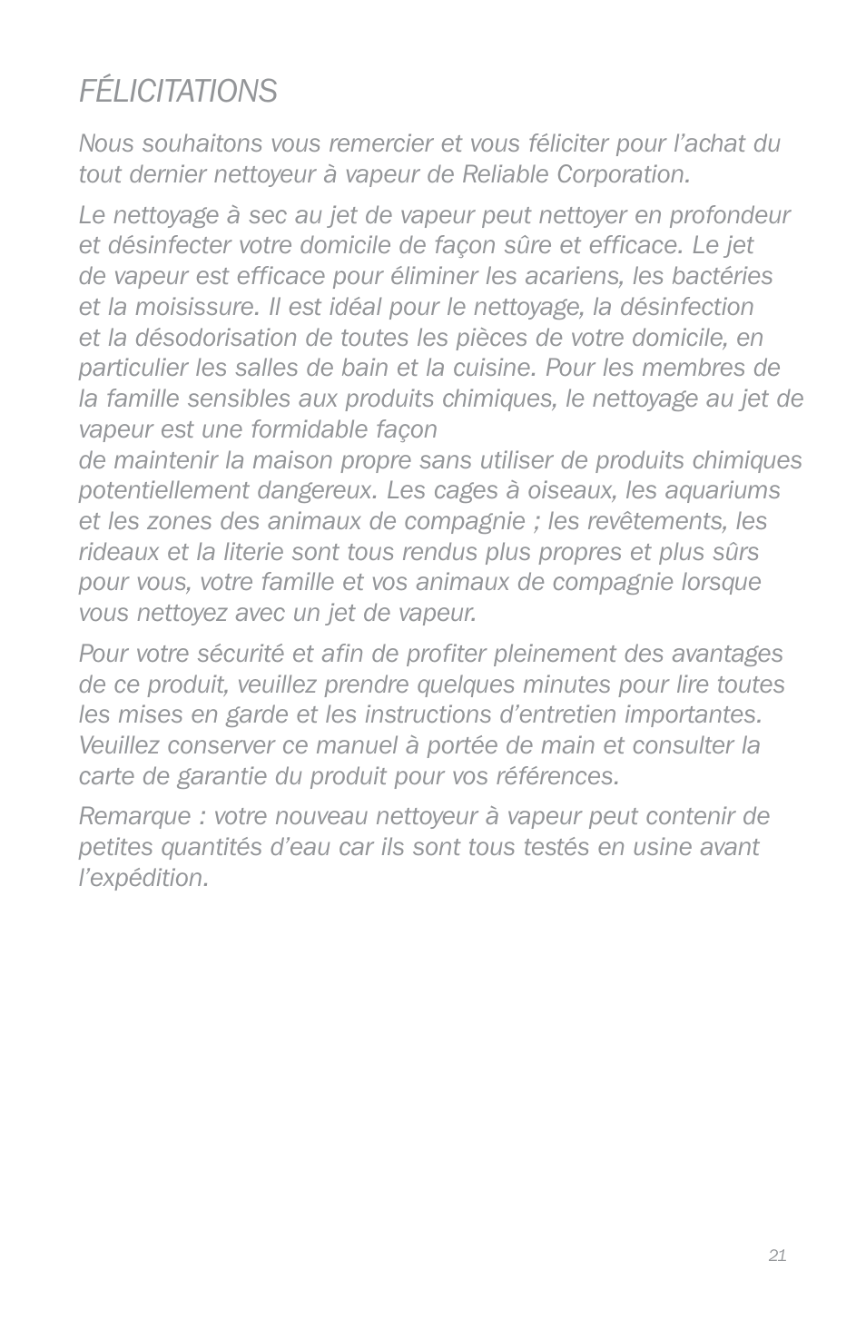 Félicitations | Reliable EB250 User Manual | Page 25 / 52