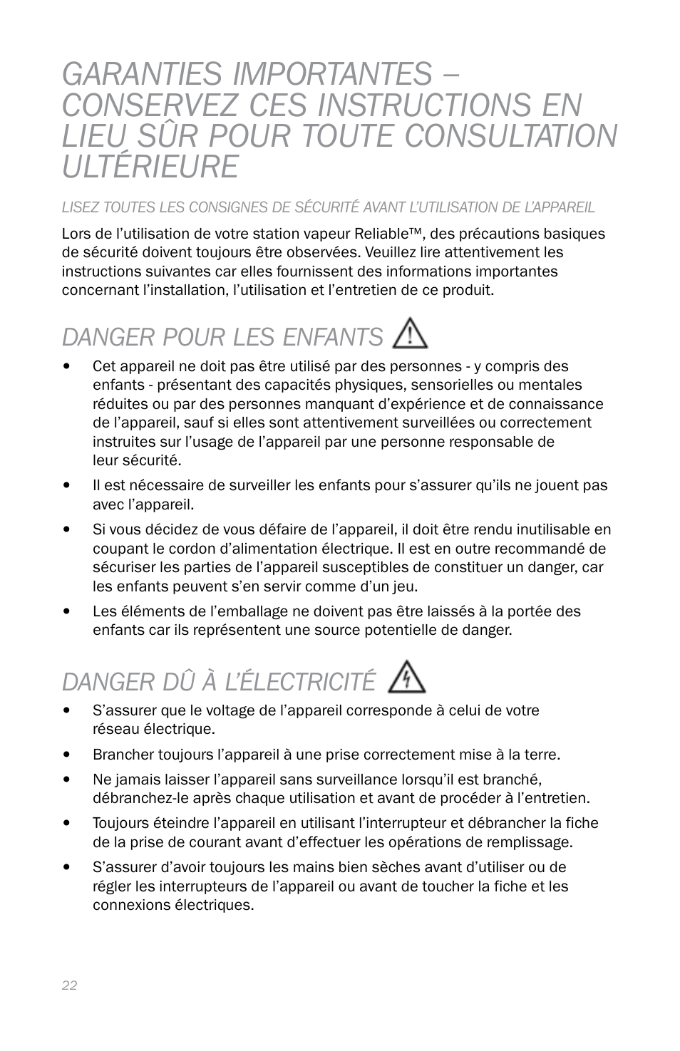 Danger pour les enfants, Danger dы а l’électricité | Reliable EB250 User Manual | Page 26 / 52