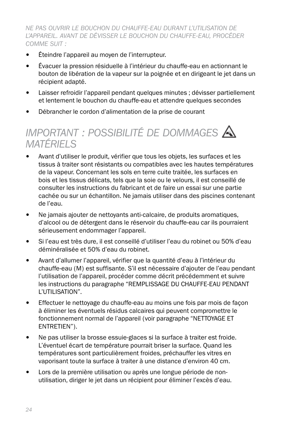 Important : possibilité de dommages matériels | Reliable EB250 User Manual | Page 28 / 52