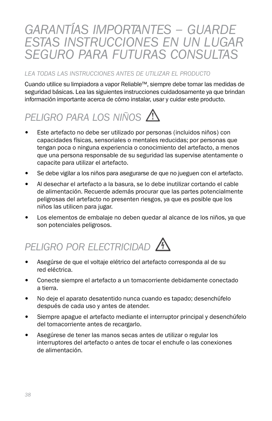 Peligro para los niños, Peligro por electricidad | Reliable EB250 User Manual | Page 42 / 52