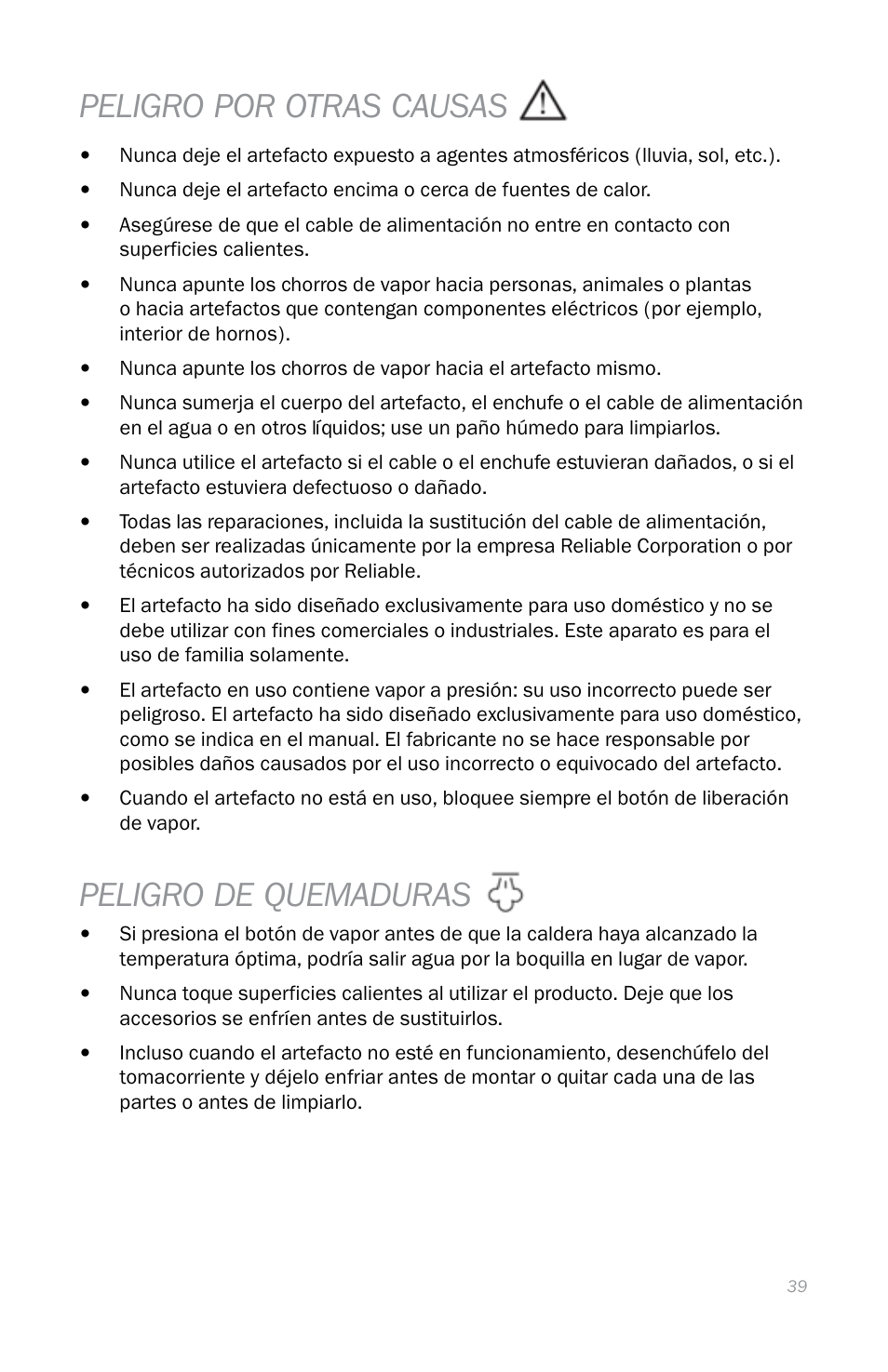 Peligro por otras causas, Peligro de quemaduras | Reliable EB250 User Manual | Page 43 / 52