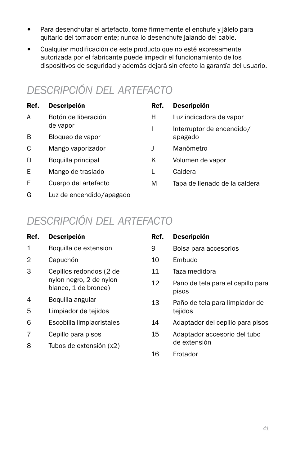 Descripción del artefacto | Reliable EB250 User Manual | Page 45 / 52