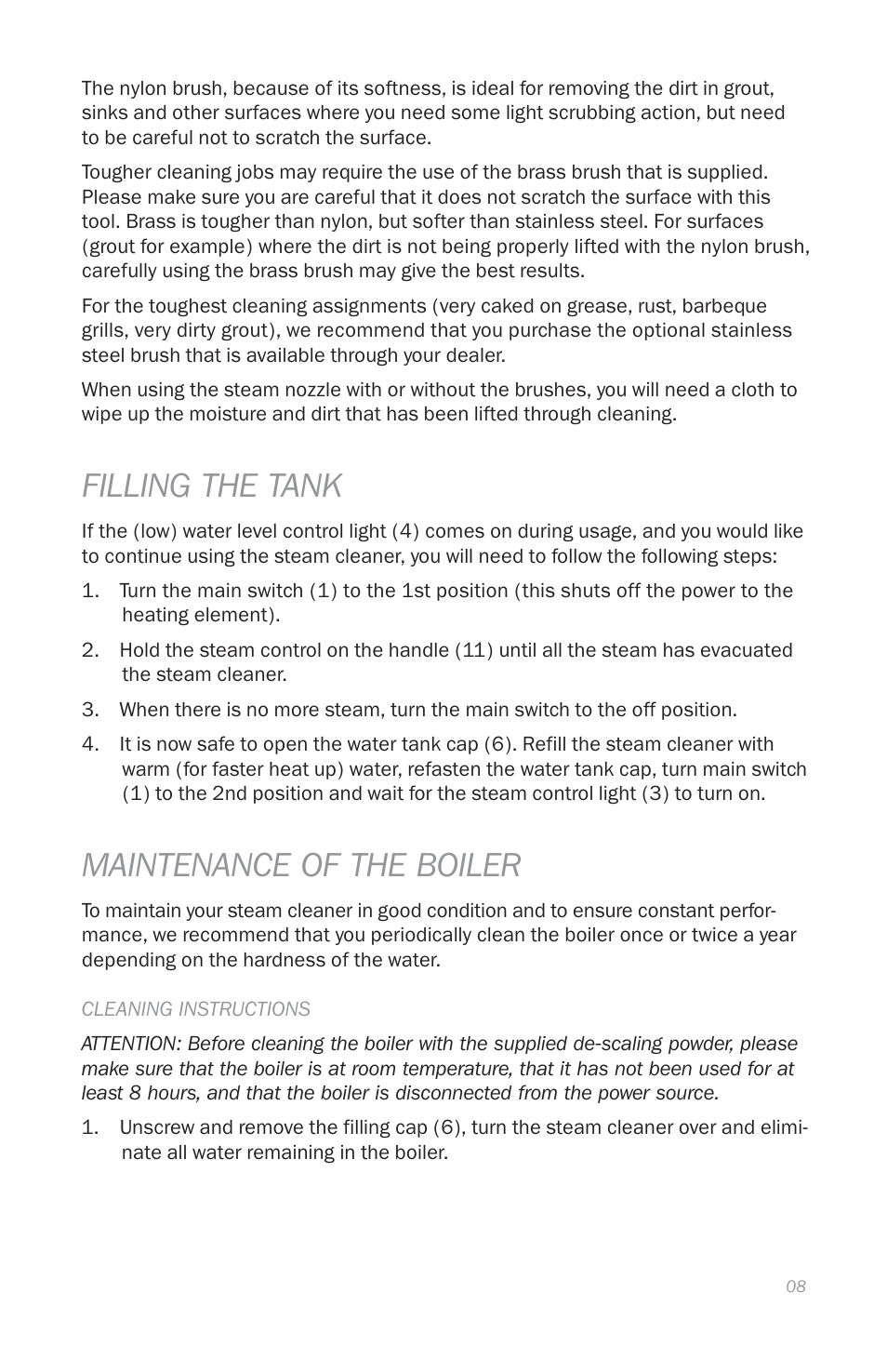 Filling the tank, Maintenance of the boiler | Reliable E3 User Manual | Page 10 / 38