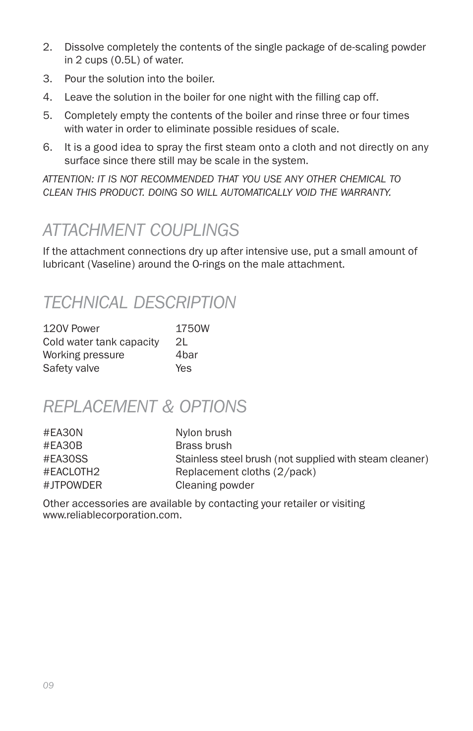 Attachment couplings, Technical description, Replacement & options | Reliable E3 User Manual | Page 11 / 38