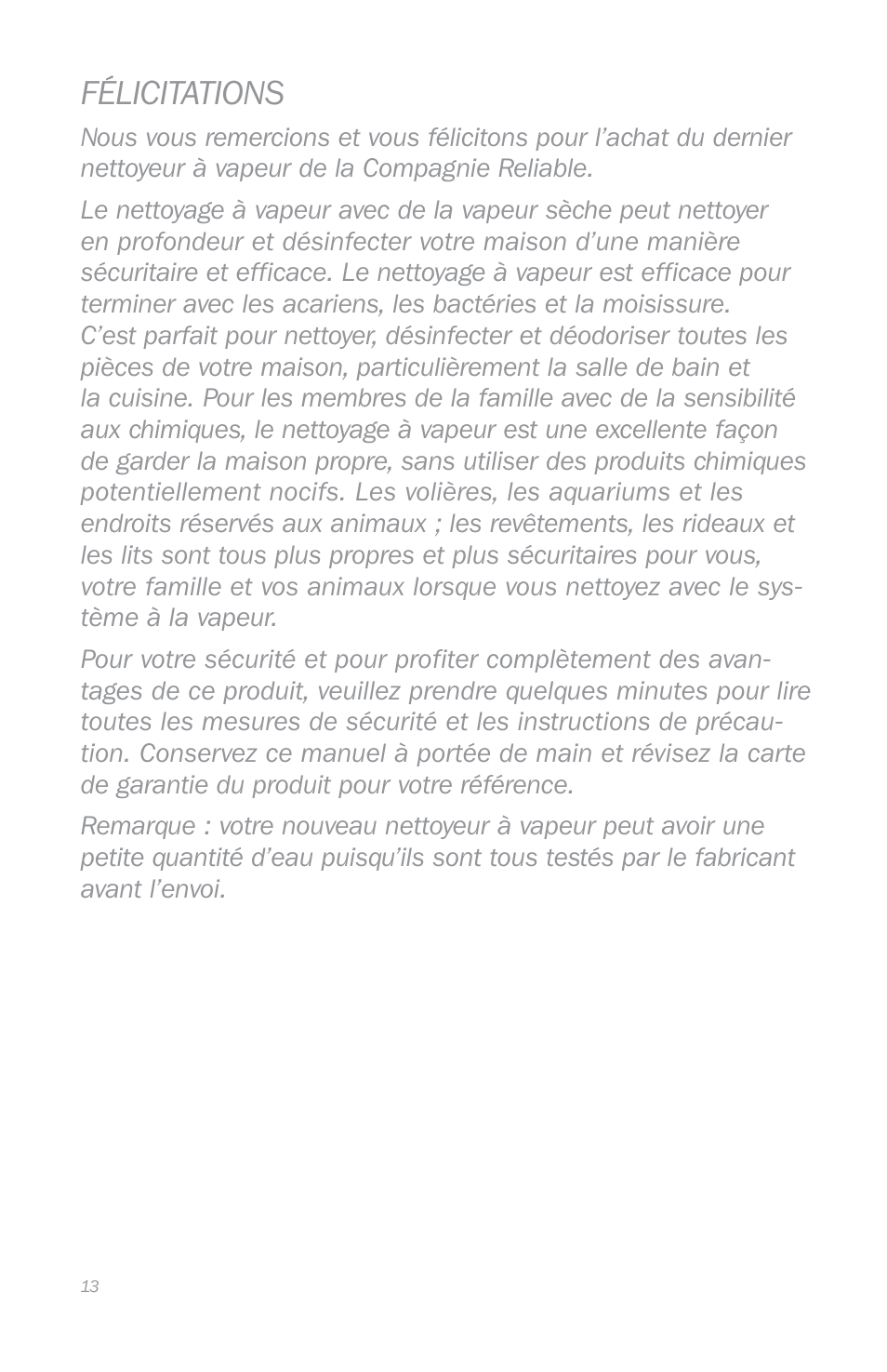 Félicitations | Reliable E3 User Manual | Page 15 / 38