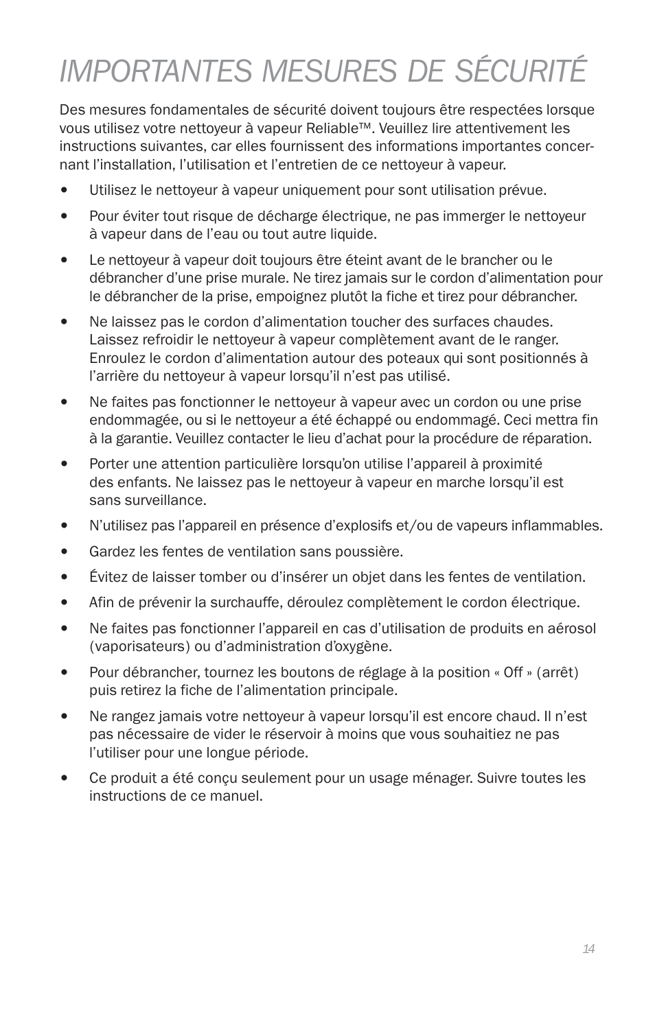 Importantes mesures de sécurité | Reliable E3 User Manual | Page 16 / 38