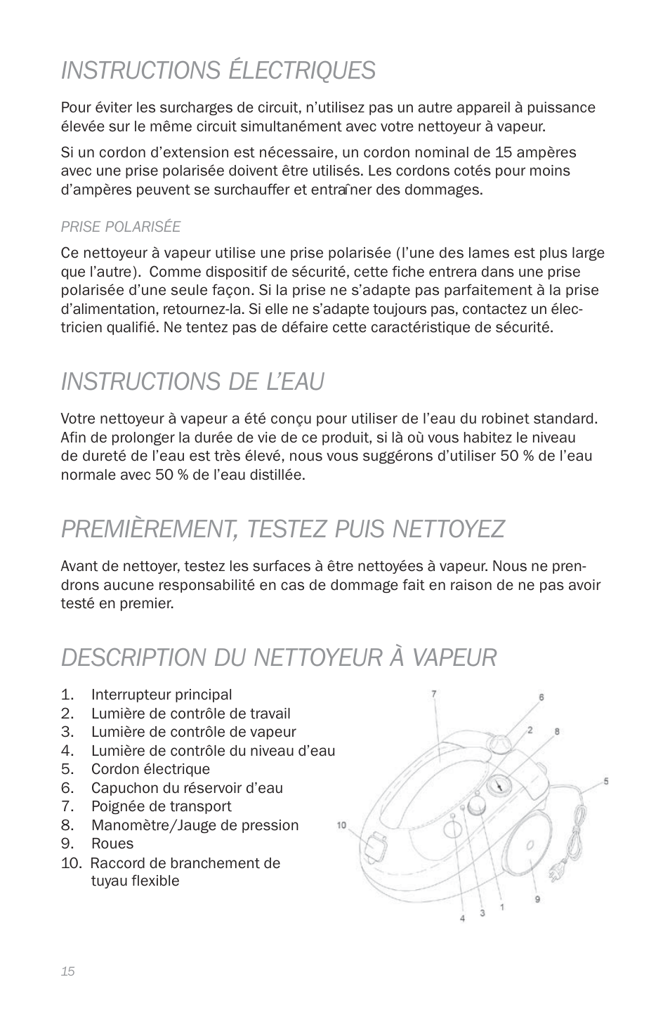 Instructions électriques, Instructions de l’eau, Premièrement, testez puis nettoyez | Description du nettoyeur à vapeur | Reliable E3 User Manual | Page 17 / 38