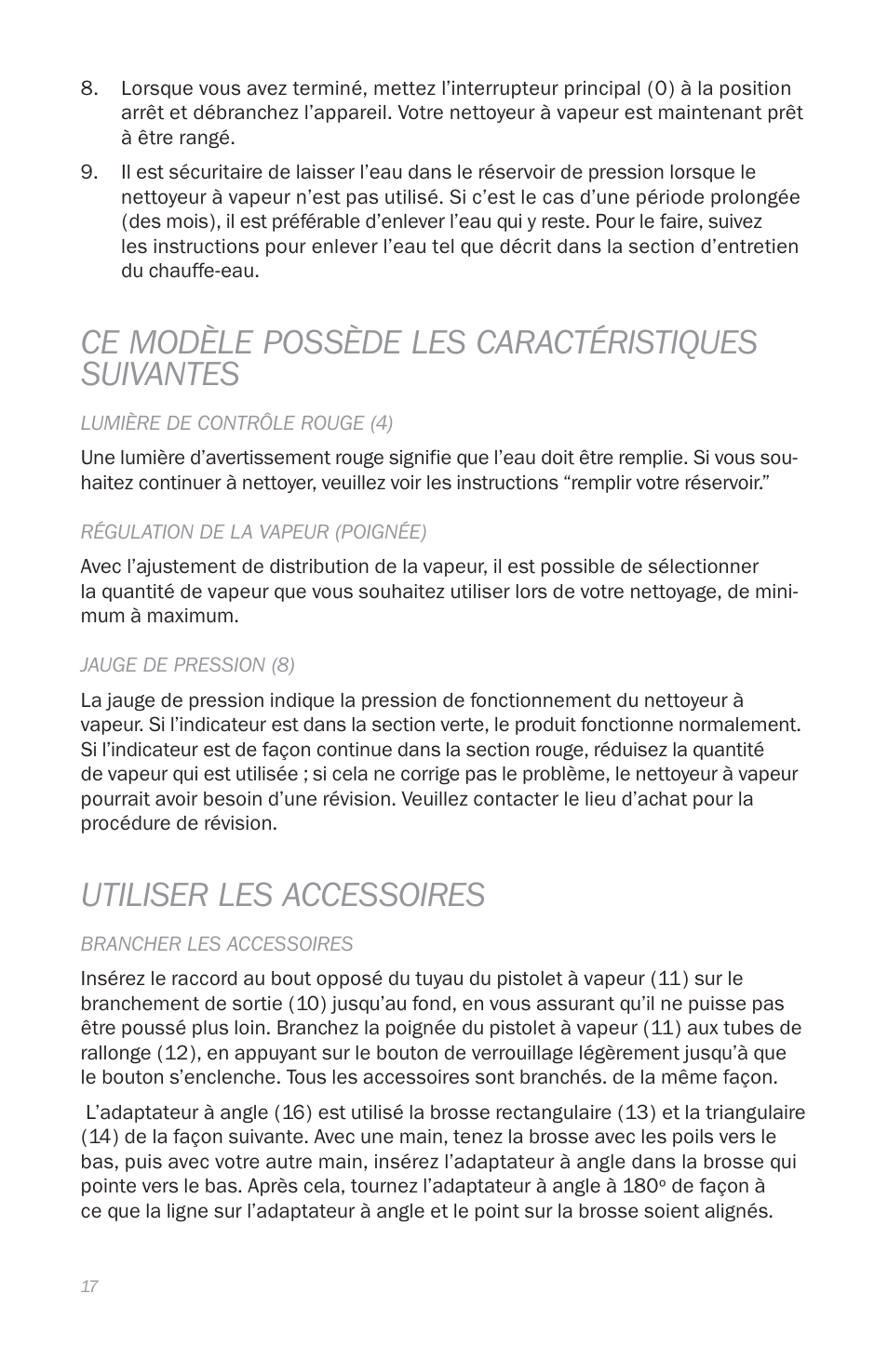 Ce modèle possède les caractéristiques suivantes, Utiliser les accessoires | Reliable E3 User Manual | Page 19 / 38