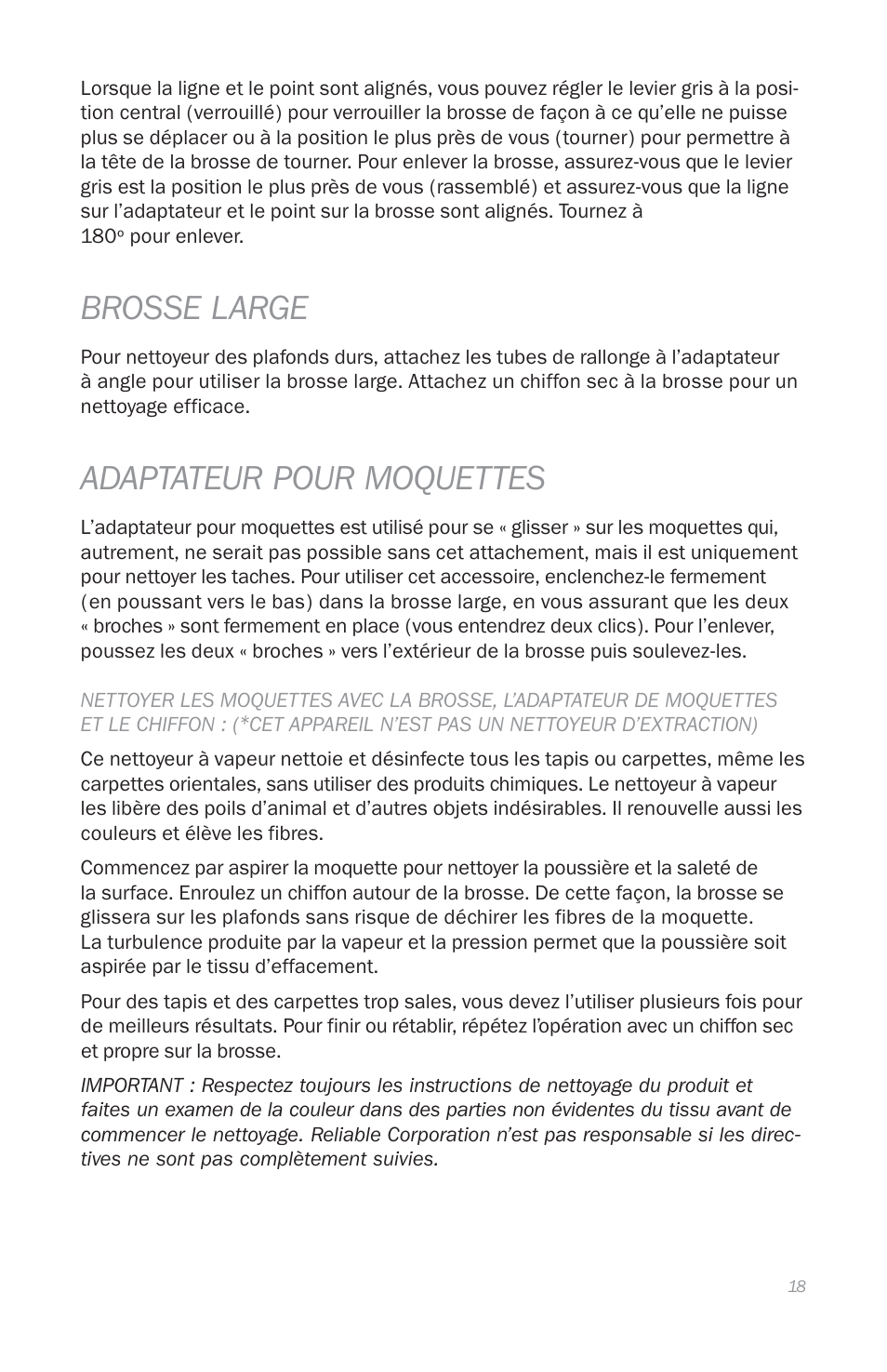 Brosse large, Adaptateur pour moquettes | Reliable E3 User Manual | Page 20 / 38
