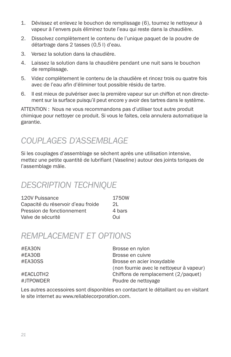 Couplages d’assemblage, Description technique, Remplacement et options | Reliable E3 User Manual | Page 23 / 38