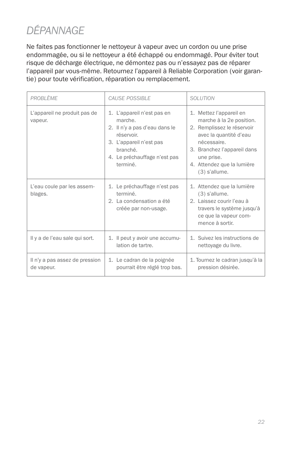 Dépannage | Reliable E3 User Manual | Page 24 / 38