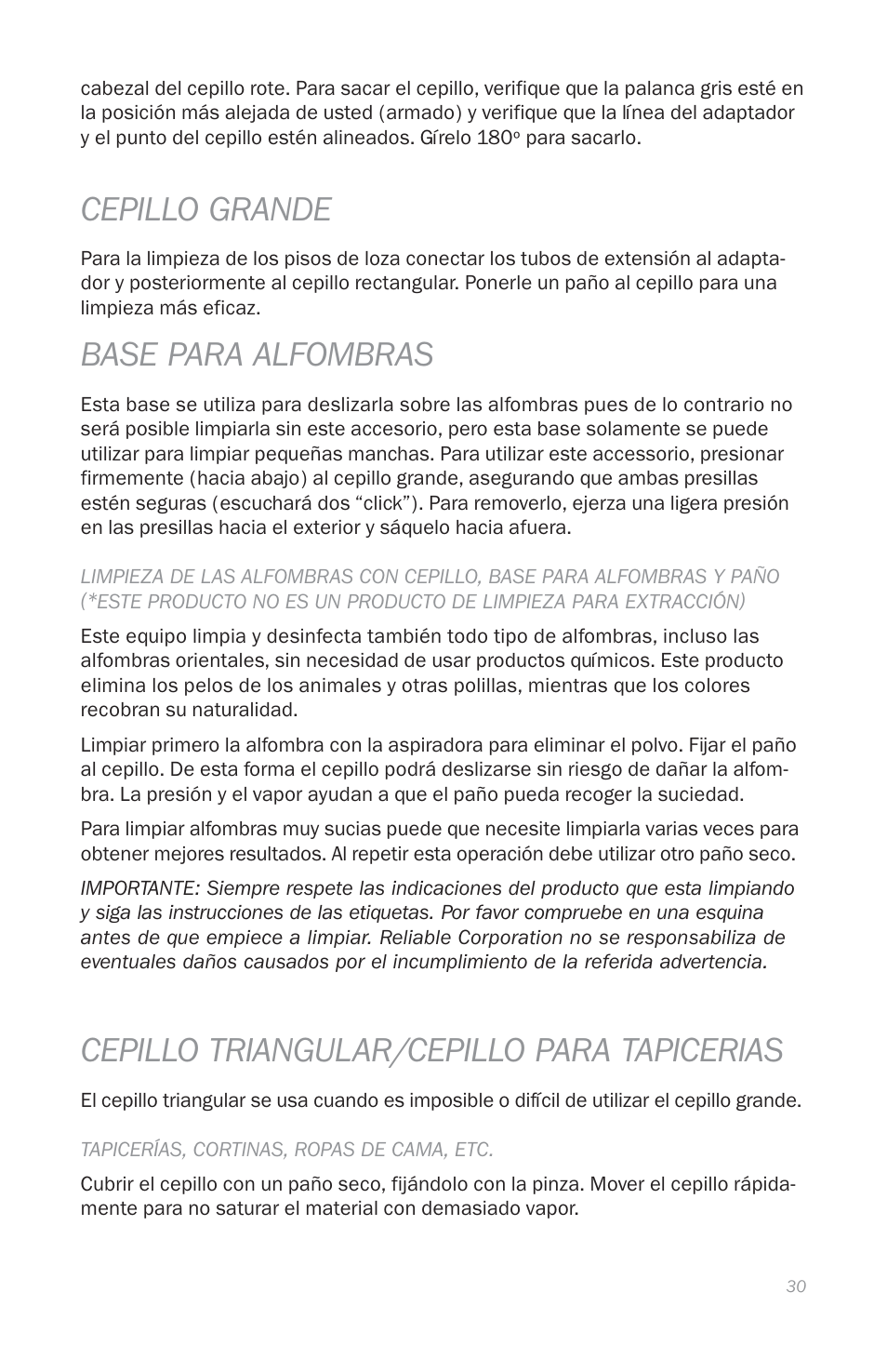Cepillo grande, Base para alfombras, Cepillo triangular/cepillo para tapicerias | Reliable E3 User Manual | Page 32 / 38