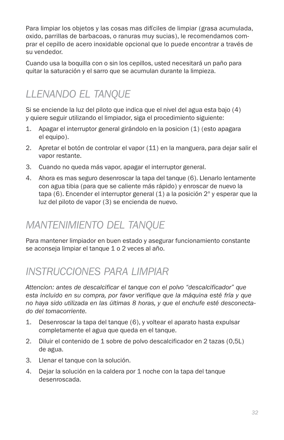 Llenando el tanque, Mantenimiento del tanque, Instrucciones para limpiar | Reliable E3 User Manual | Page 34 / 38