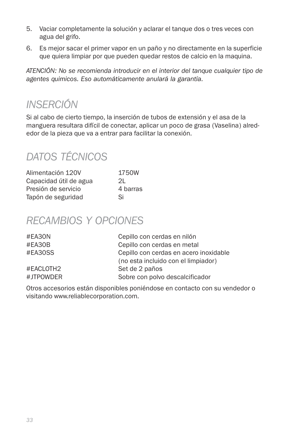 Inserción, Datos técnicos, Recambios y opciones | Reliable E3 User Manual | Page 35 / 38
