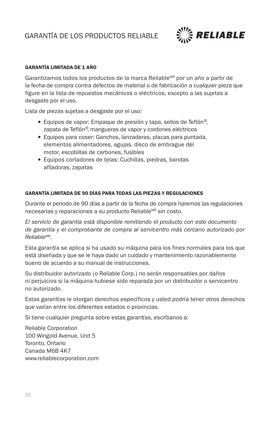Garantía de los productos reliable, Reliable products warranty | Reliable E3 User Manual | Page 37 / 38