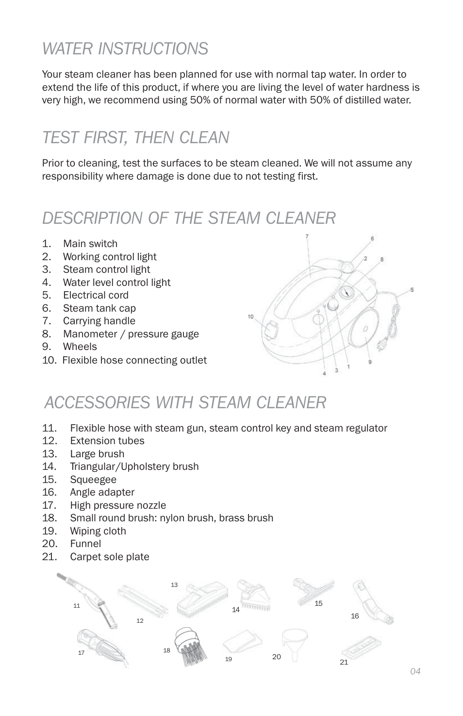 Water instructions, Test first, then clean, Description of the steam cleaner | Accessories with steam cleaner | Reliable E3 User Manual | Page 6 / 38