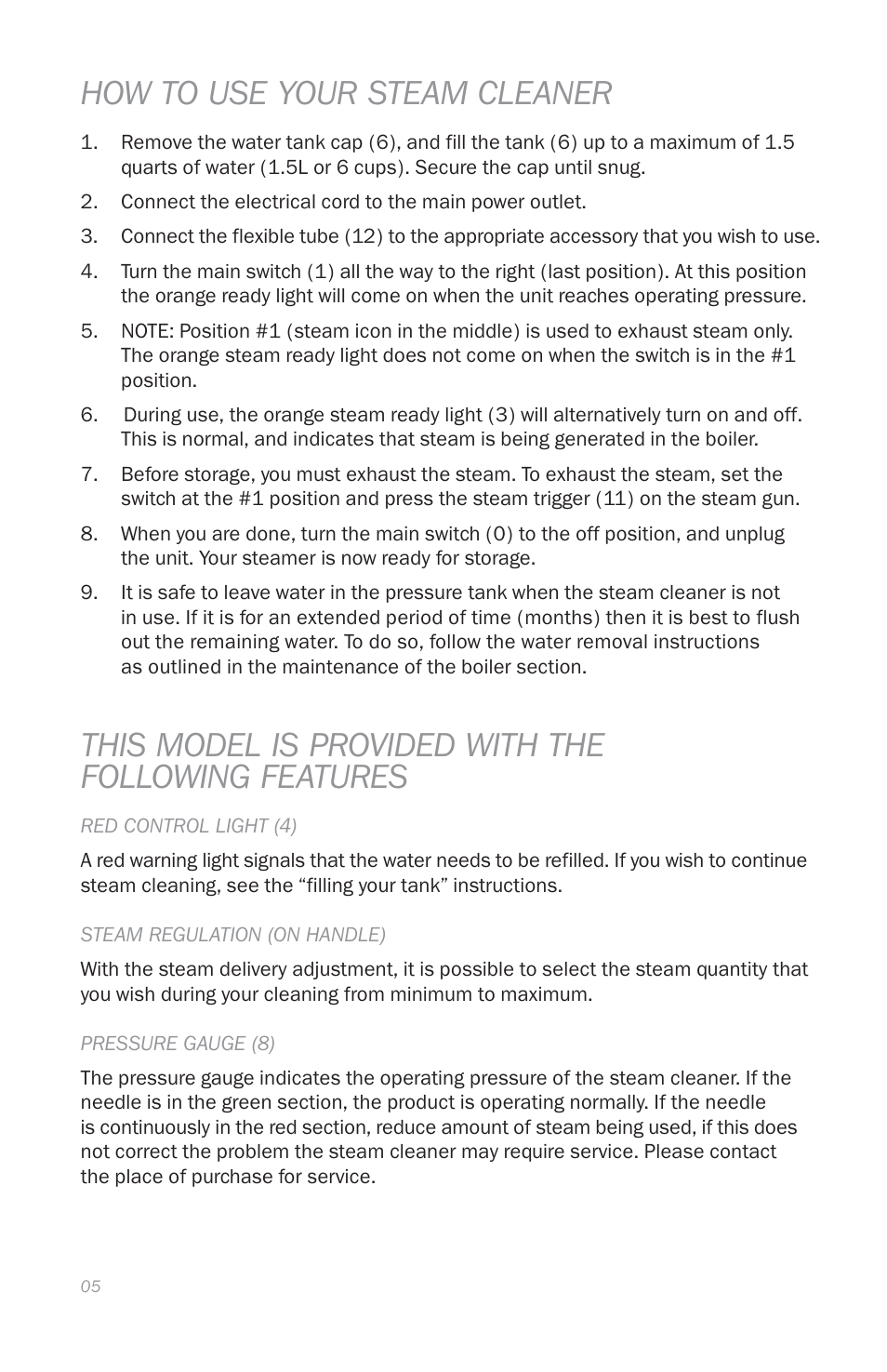 How to use your steam cleaner, This model is provided with the following features | Reliable E3 User Manual | Page 7 / 38