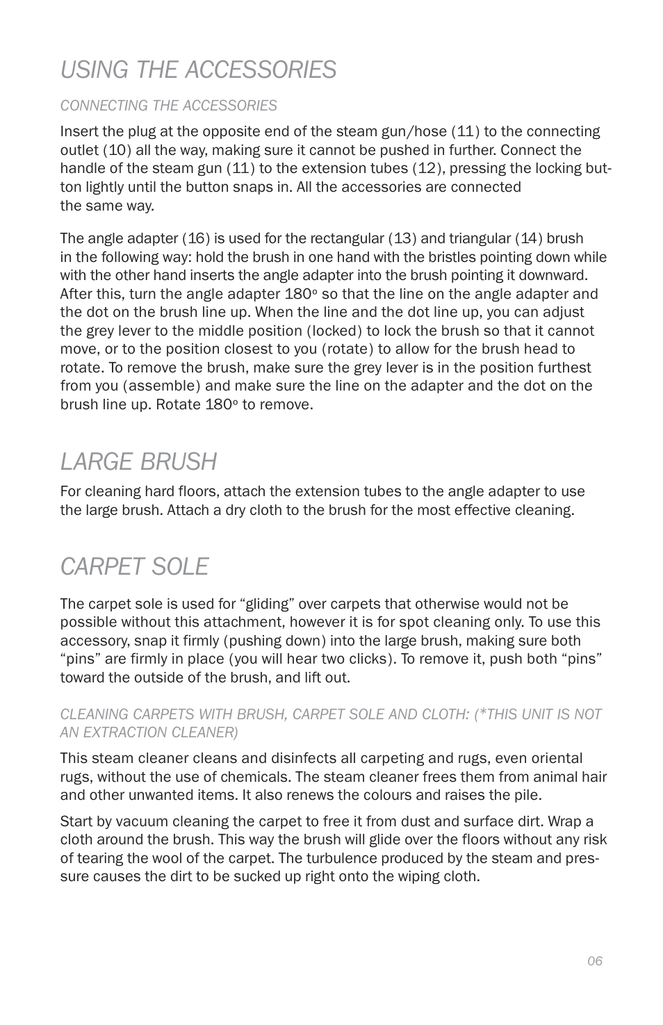 Using the accessories, Large brush, Carpet sole | Reliable E3 User Manual | Page 8 / 38