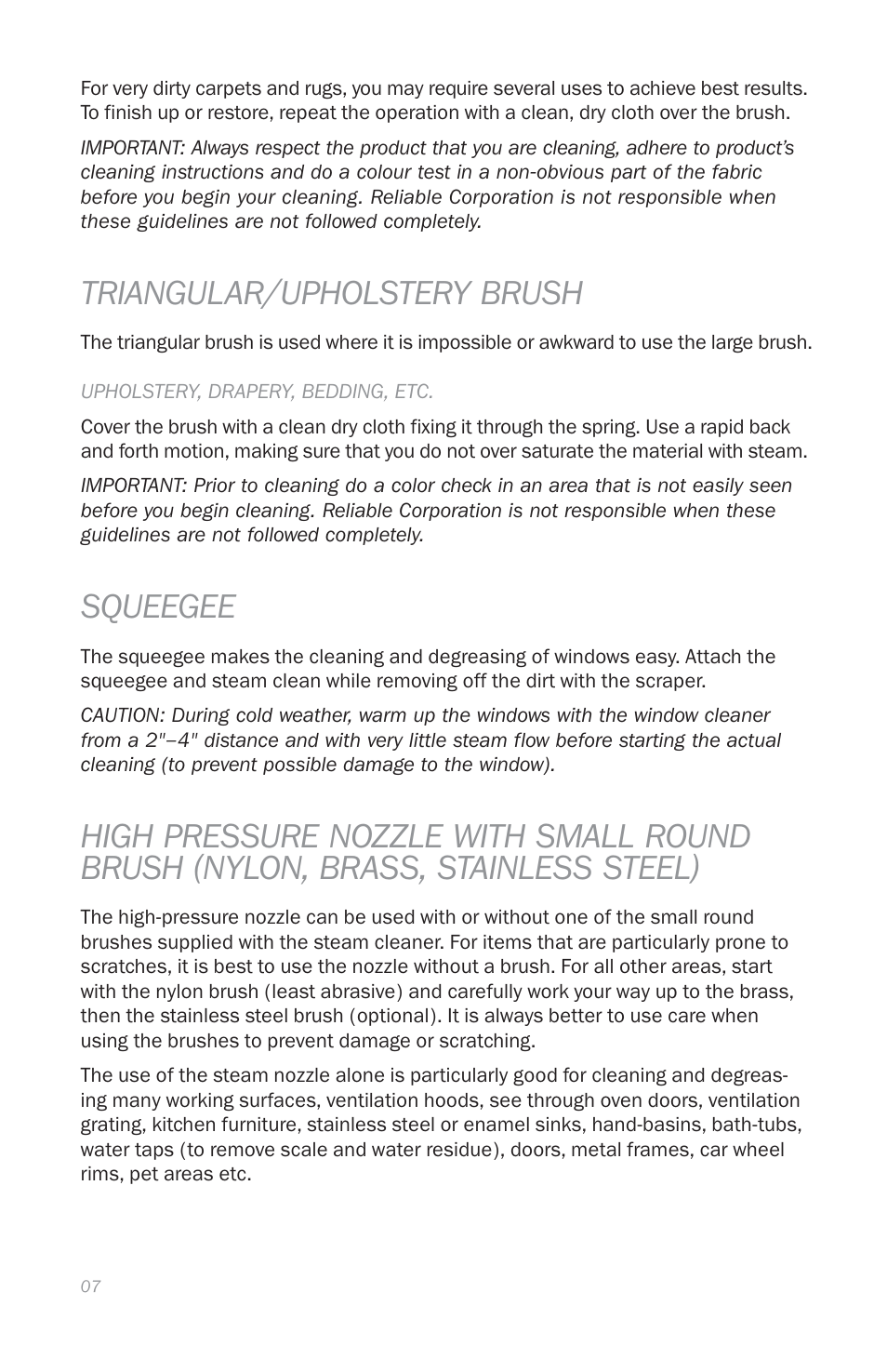 Triangular/upholstery brush, Squeegee | Reliable E3 User Manual | Page 9 / 38