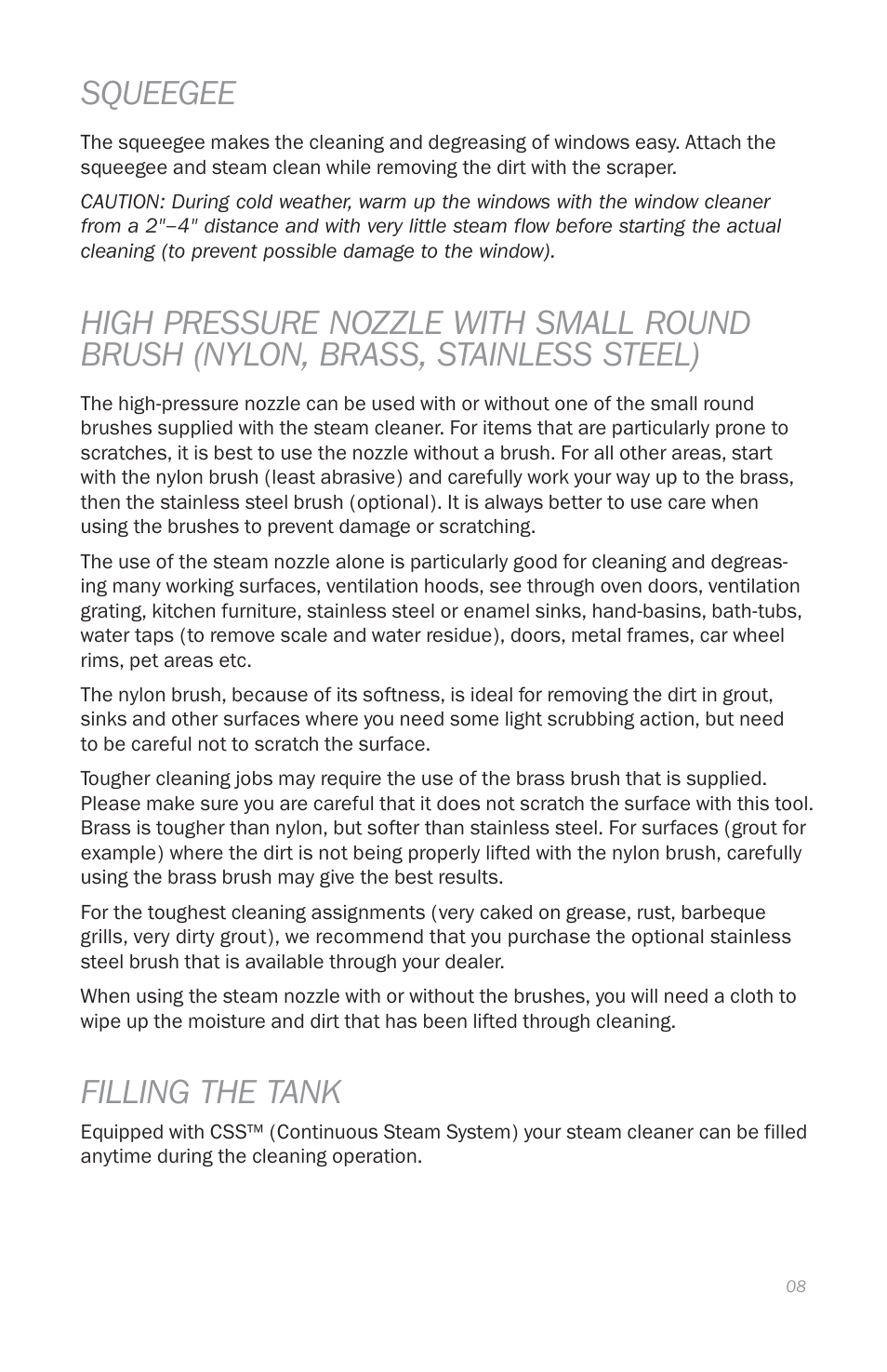 Squeegee, Filling the tank | Reliable E5 User Manual | Page 10 / 39