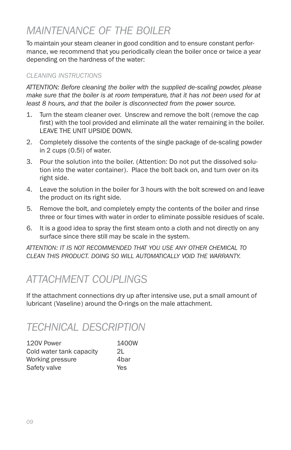 Maintenance of the boiler, Attachment couplings, Technical description | Reliable E5 User Manual | Page 11 / 39