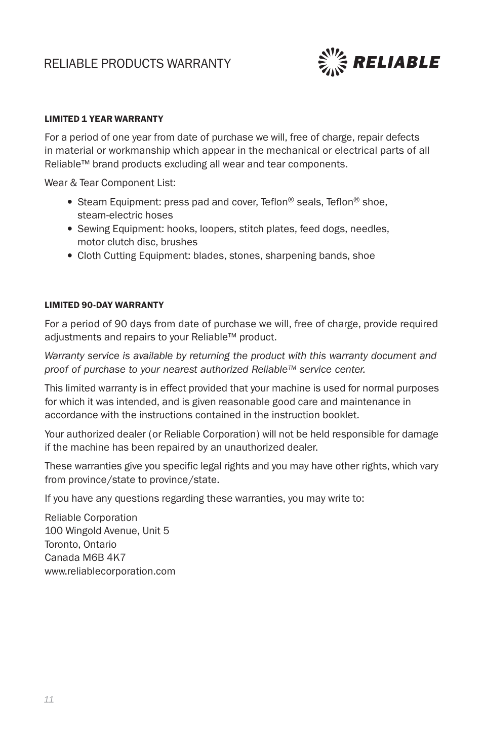 Reliable products warranty | Reliable E5 User Manual | Page 13 / 39