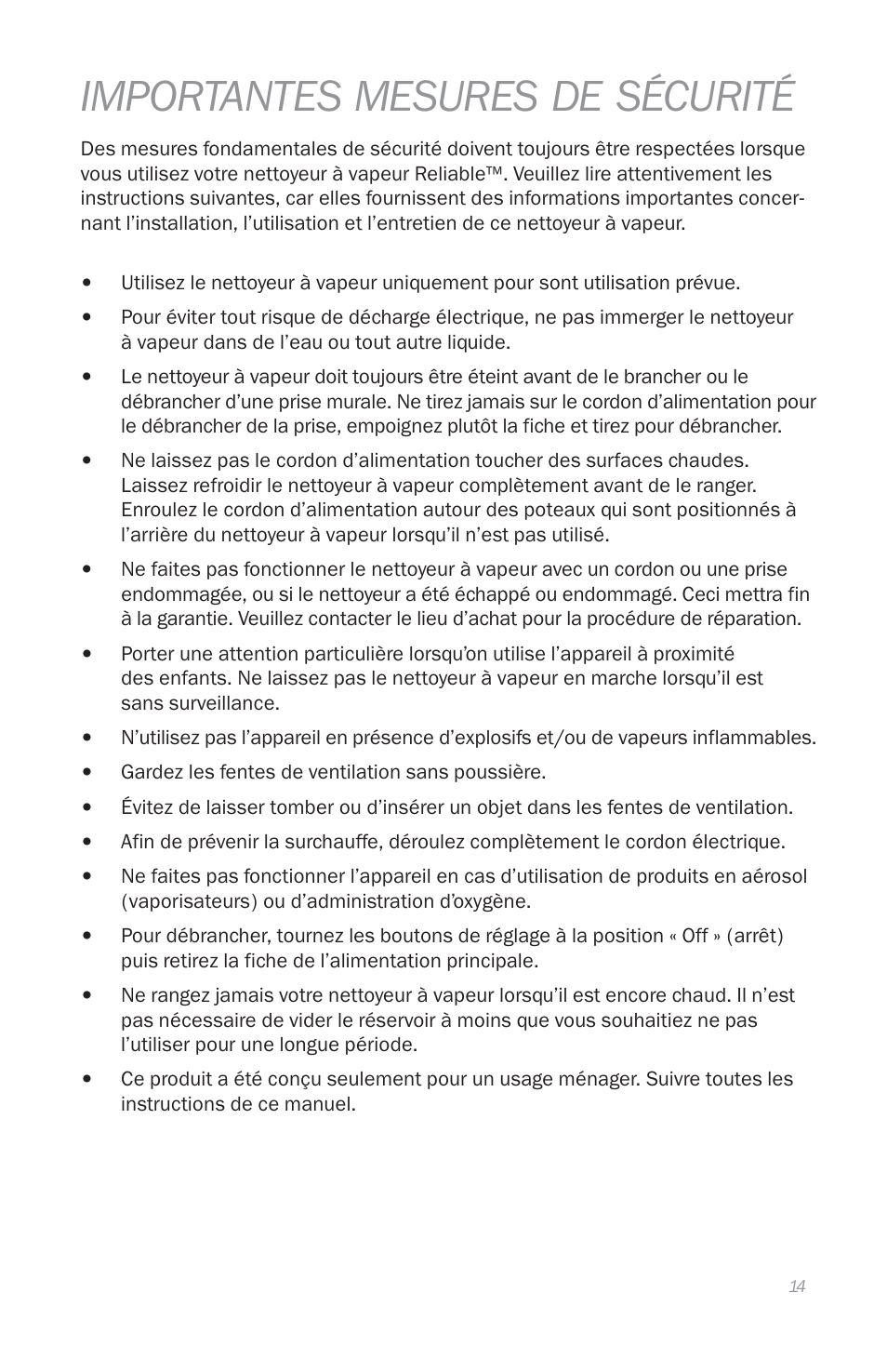 Importantes mesures de sécurité | Reliable E5 User Manual | Page 16 / 39