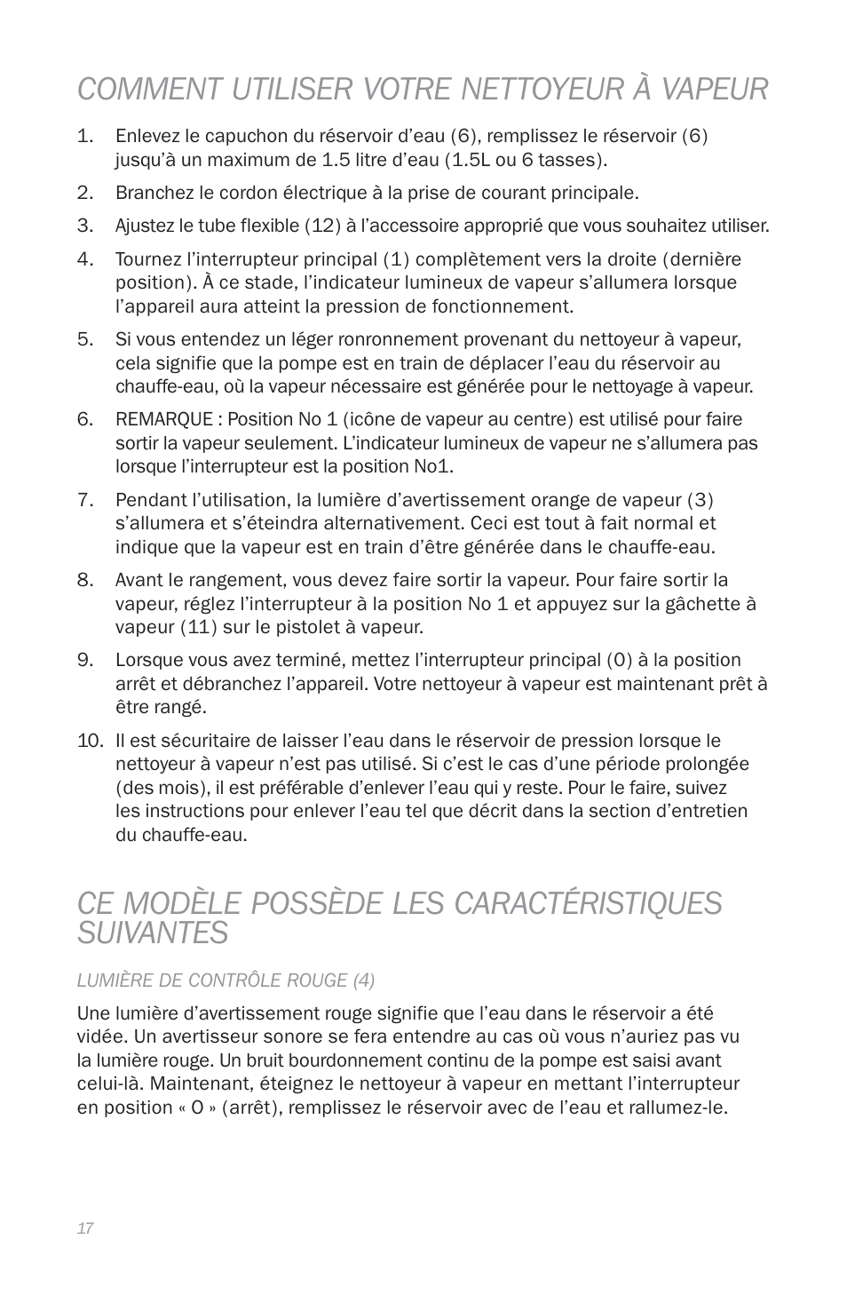 Comment utiliser votre nettoyeur à vapeur, Ce modèle possède les caractéristiques suivantes | Reliable E5 User Manual | Page 19 / 39