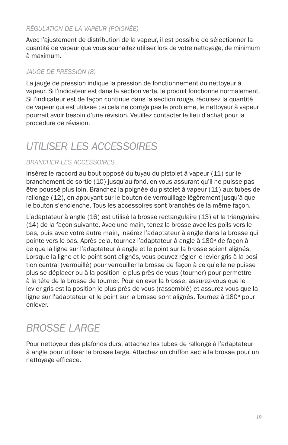 Utiliser les accessoires, Brosse large | Reliable E5 User Manual | Page 20 / 39