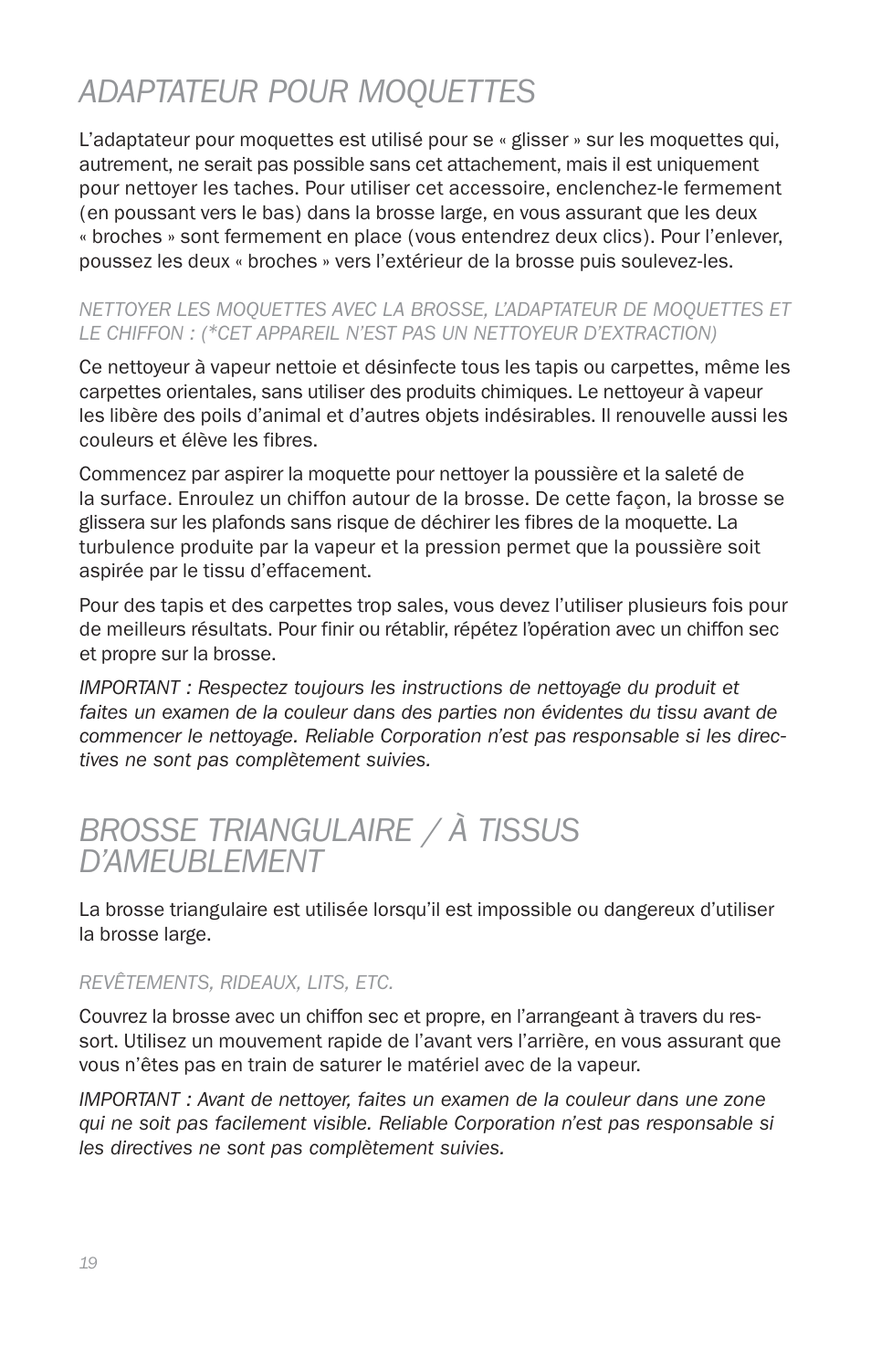 Adaptateur pour moquettes, Brosse triangulaire / à tissus d’ameublement | Reliable E5 User Manual | Page 21 / 39