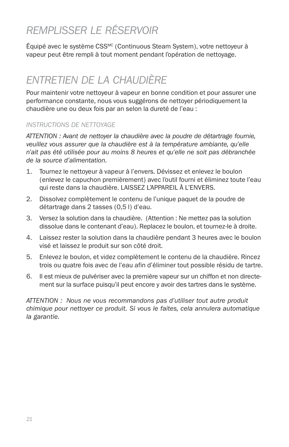 Remplisser le réservoir, Entretien de la chaudière | Reliable E5 User Manual | Page 23 / 39