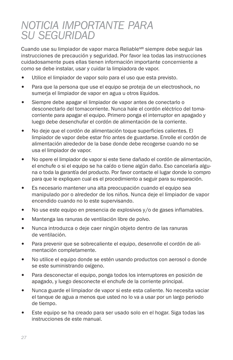 Noticia importante para su seguridad | Reliable E5 User Manual | Page 29 / 39