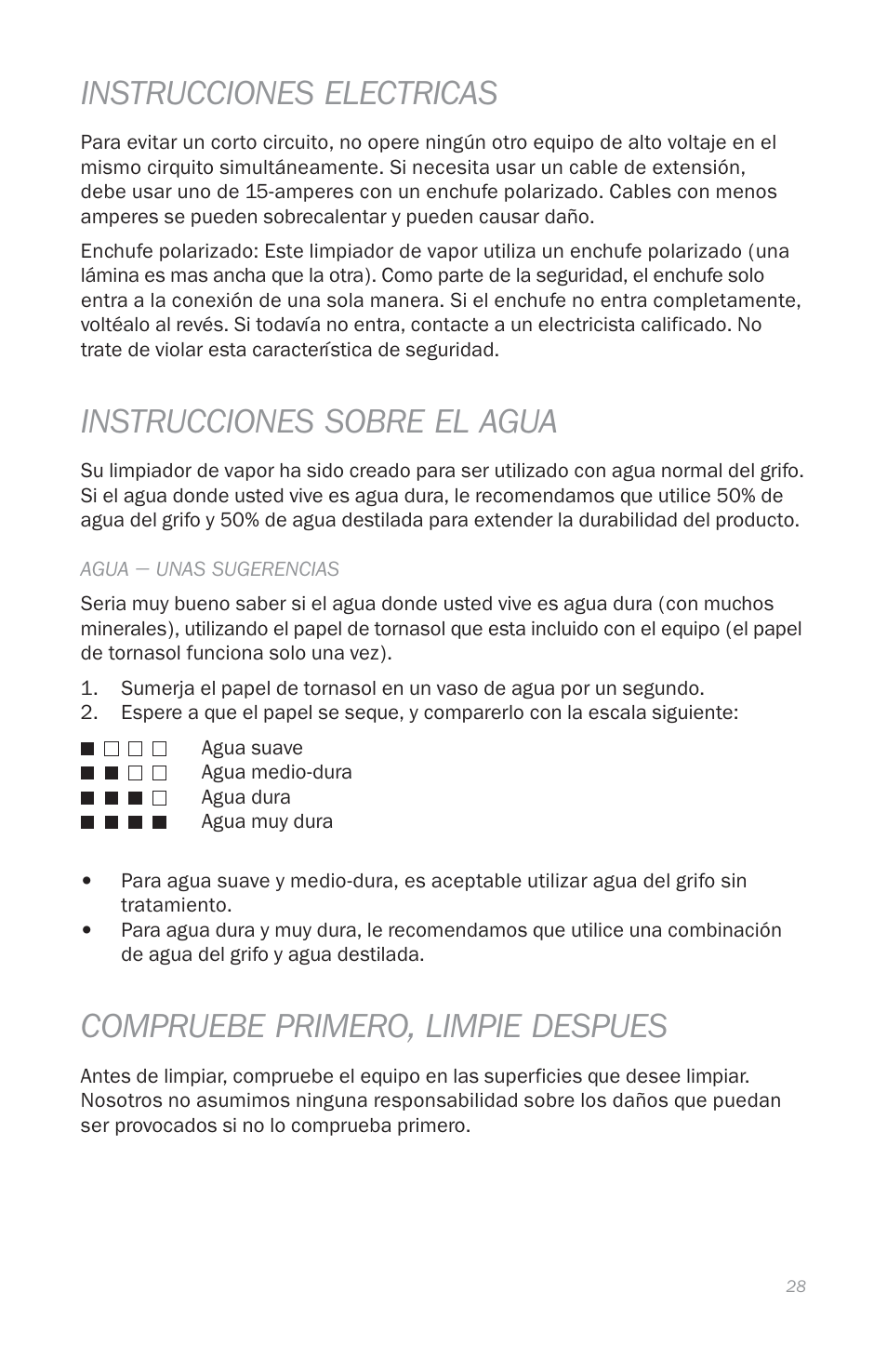 Instrucciones electricas, Instrucciones sobre el agua, Compruebe primero, limpie despues | Reliable E5 User Manual | Page 30 / 39