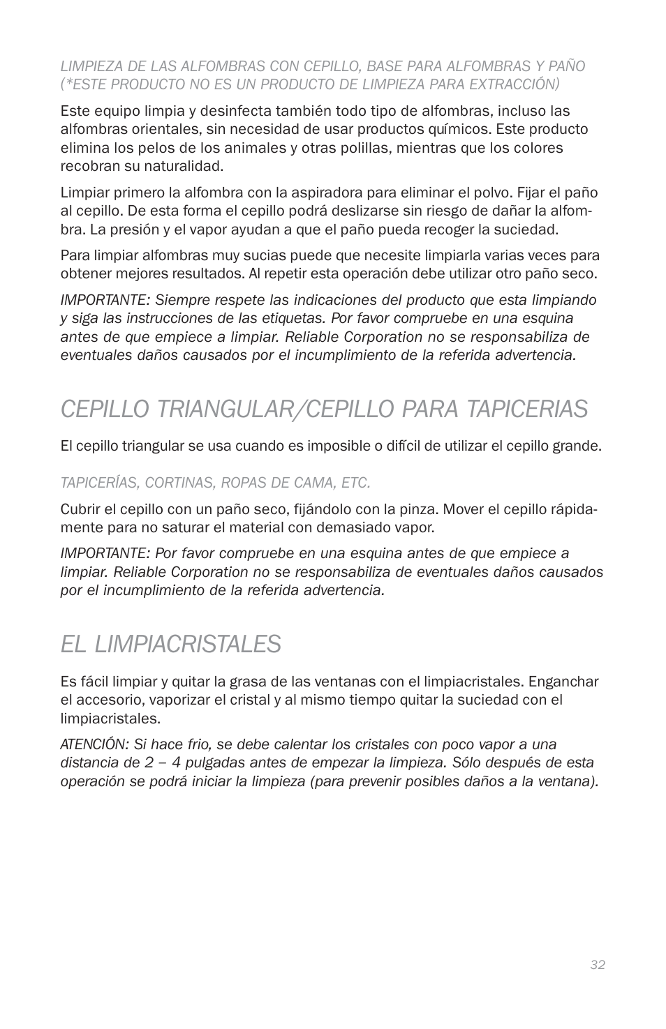 Cepillo triangular/cepillo para tapicerias, El limpiacristales | Reliable E5 User Manual | Page 34 / 39