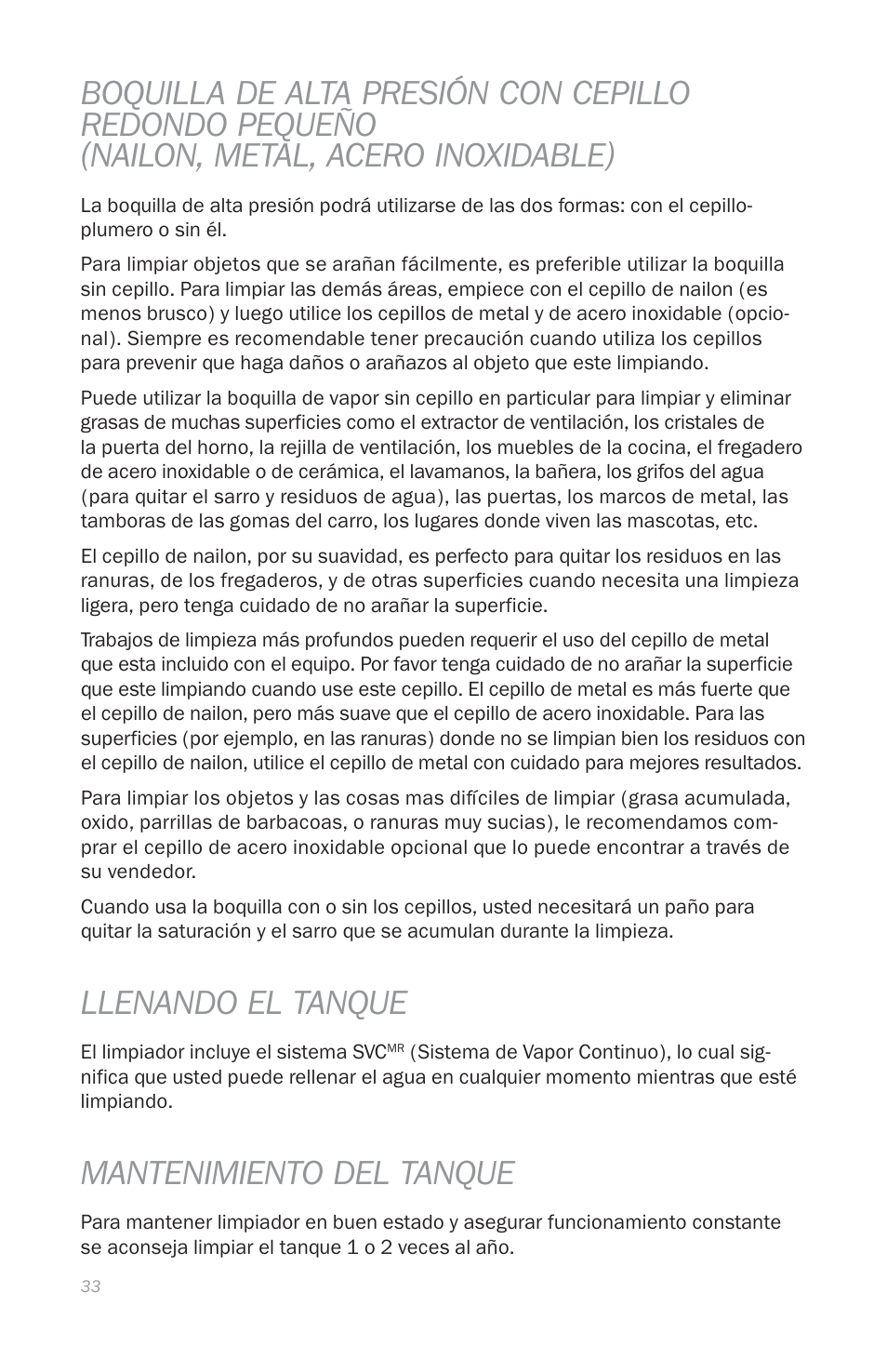 Llenando el tanque, Mantenimiento del tanque | Reliable E5 User Manual | Page 35 / 39