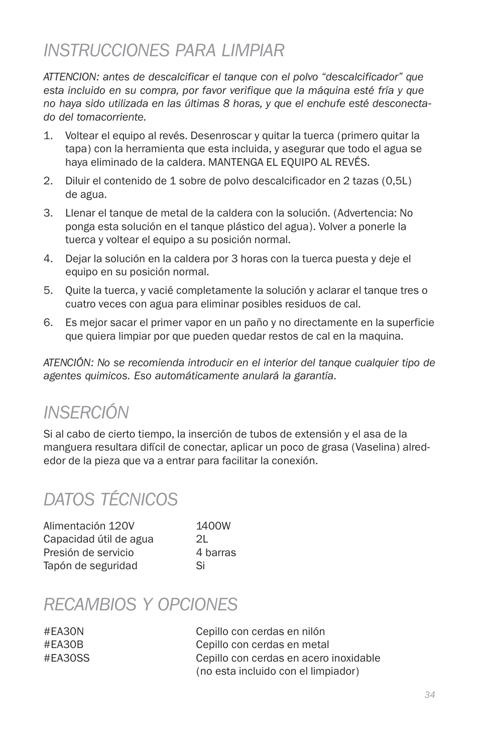 Instrucciones para limpiar, Inserción, Datos técnicos | Recambios y opciones | Reliable E5 User Manual | Page 36 / 39